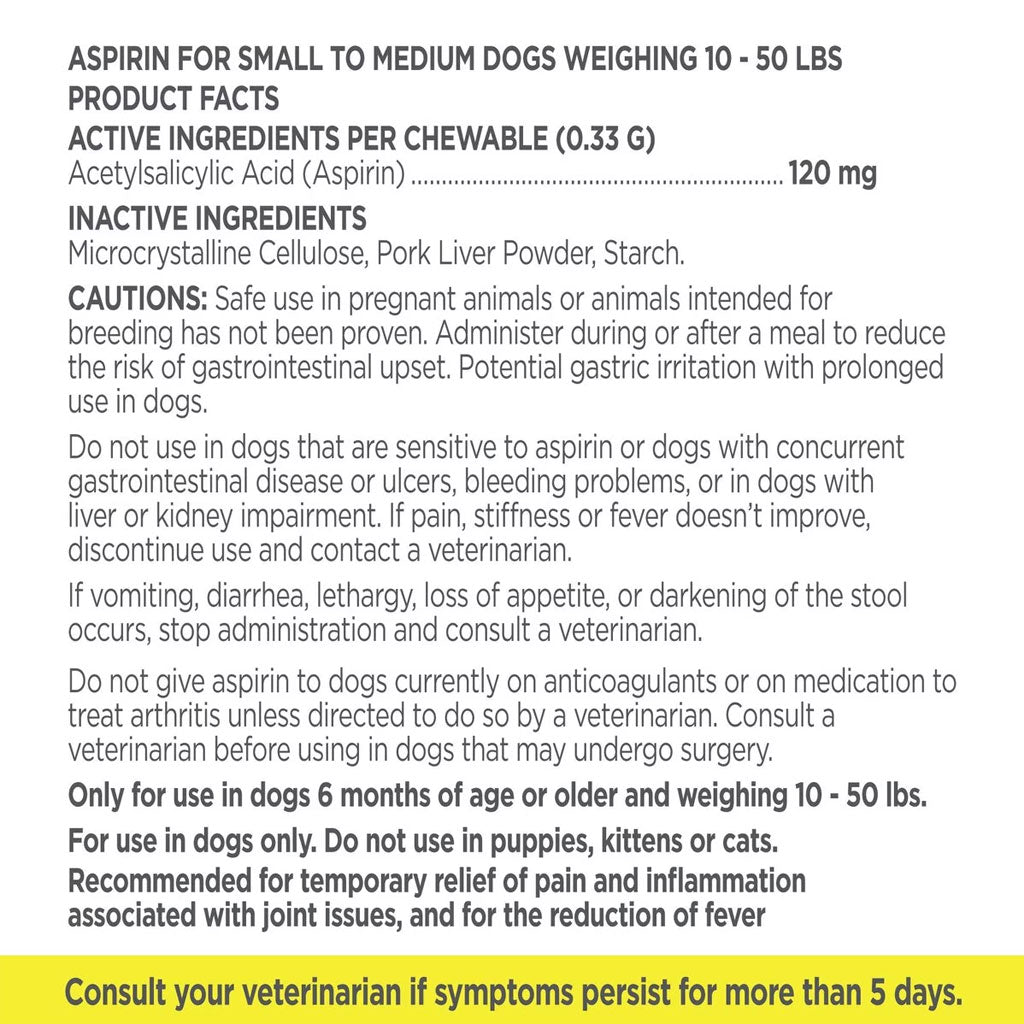 TevraPet Vetality Canine Aspirin for Small & Medium 10-50 lbs Dogs, 75 Chewable Tablets