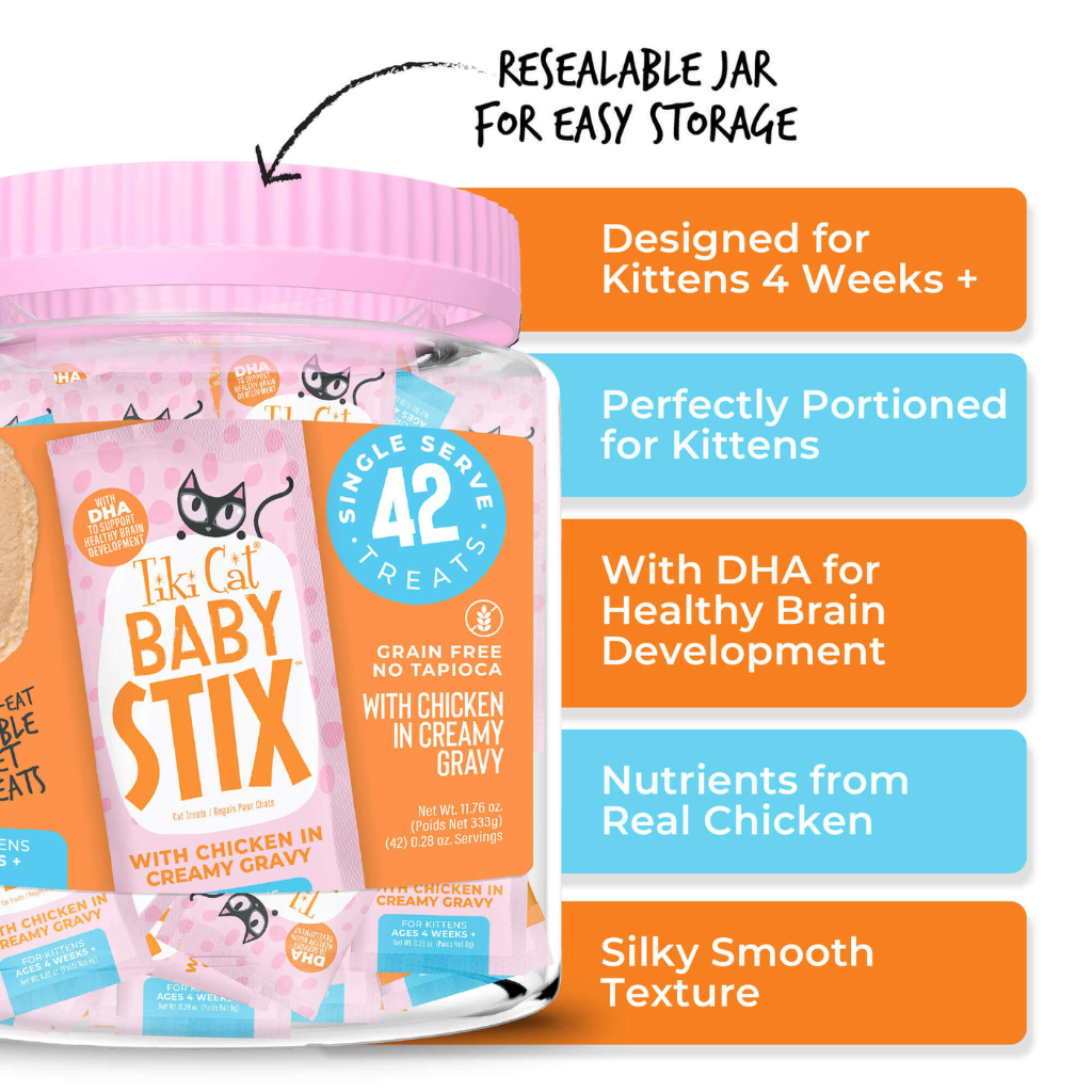 Tiki Cat Baby Stix Chicken in Creamy Gravy Wet Kitten Treats Jar (42 sachets)
