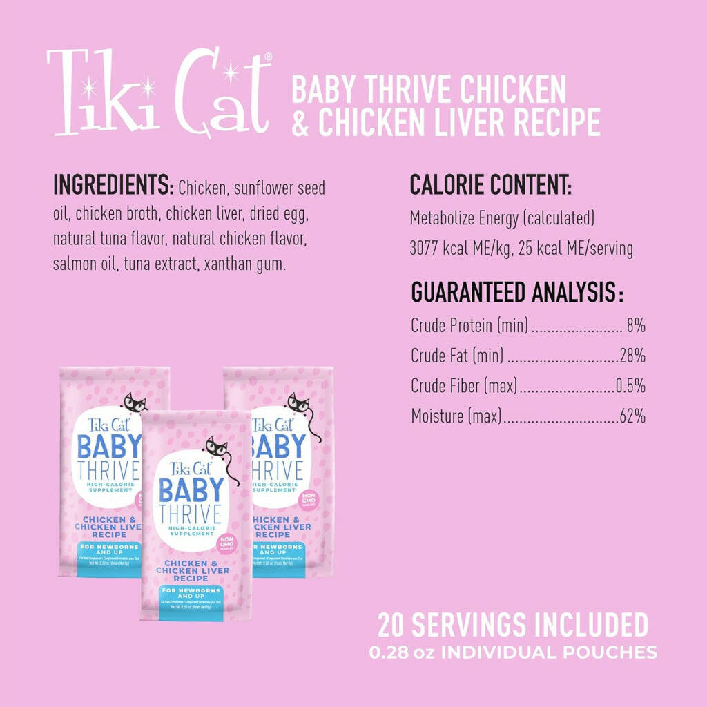 Tiki Cat Baby Thrive Chicken & Chicken Liver Recipe Supplement for Kittens, (0.28 oz x 20 pouches)