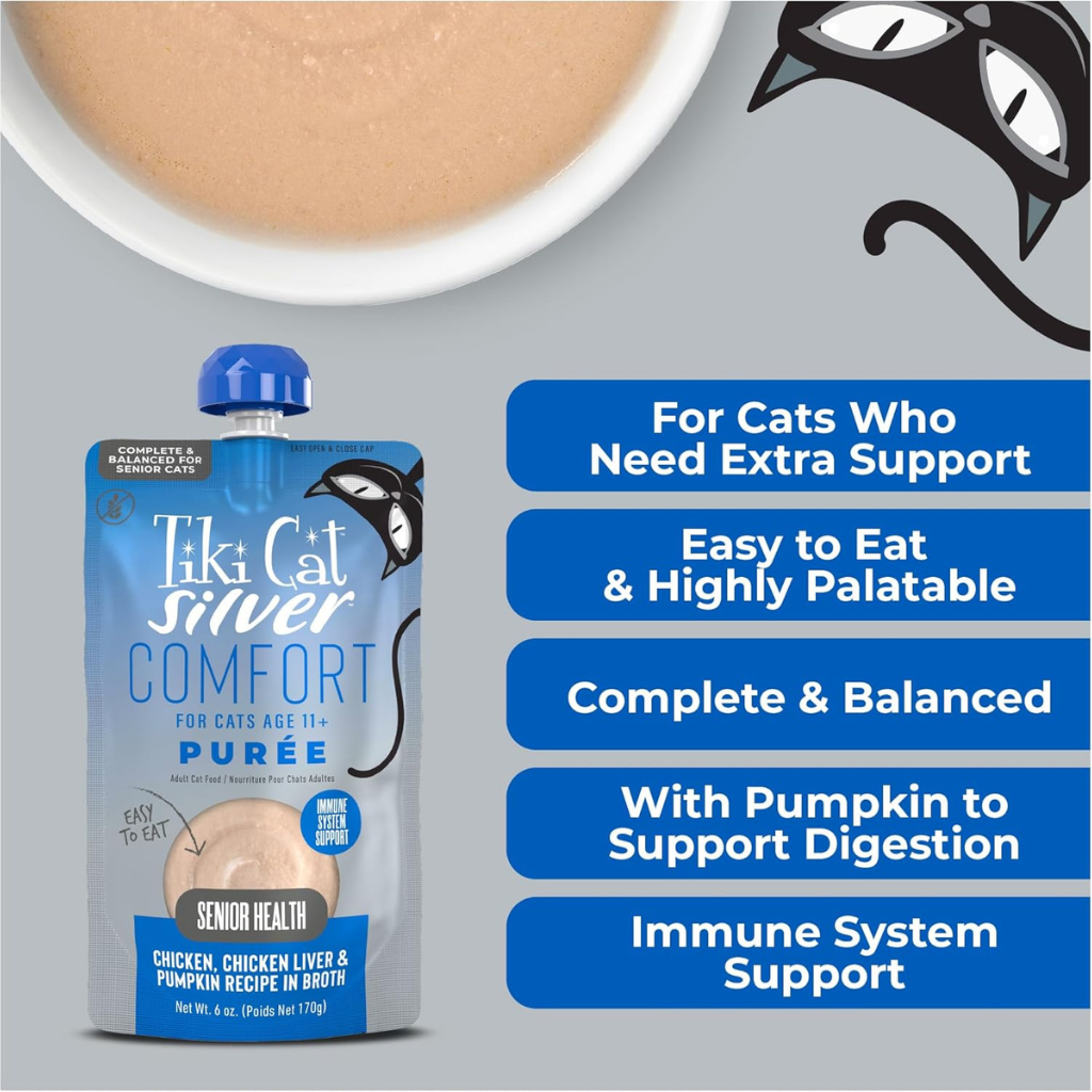 Tiki Cat Silver Comfort Chicken, Chicken Liver & Pumpkin Recipe in Broth Low Phosphorus Puree for Cats Age 11+ (6 oz x 6 pouches)
