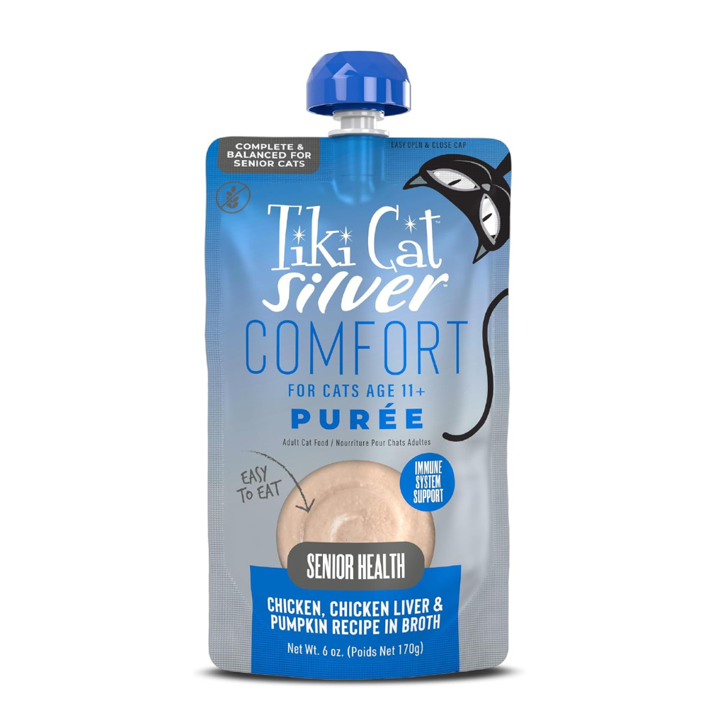 Tiki Cat Silver Comfort Chicken, Chicken Liver & Pumpkin Recipe in Broth Low Phosphorus Puree for Cats Age 11+ (6 oz x 6 pouches)