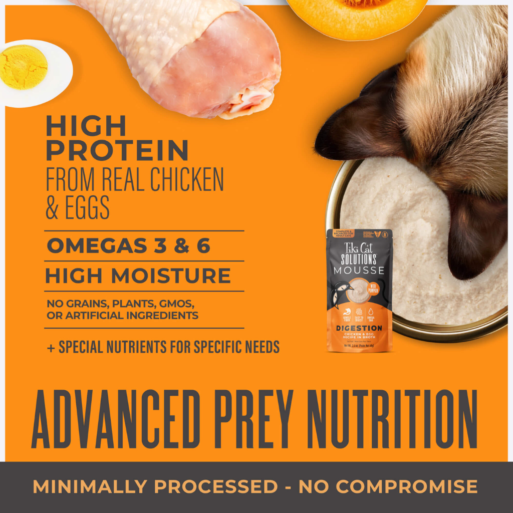 Tiki Cat Solutions Mousse Digestion Chicken & Egg Recipe in Broth Wet Cat Food (2.4 oz x 12 pouches)