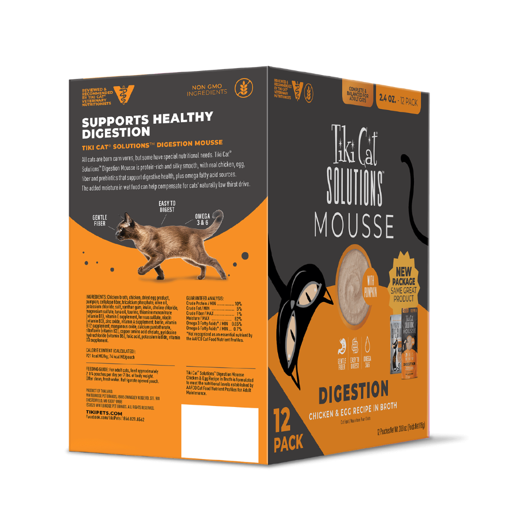 Tiki Cat Solutions Mousse Digestion Chicken & Egg Recipe in Broth Wet Cat Food (2.4 oz x 12 pouches)