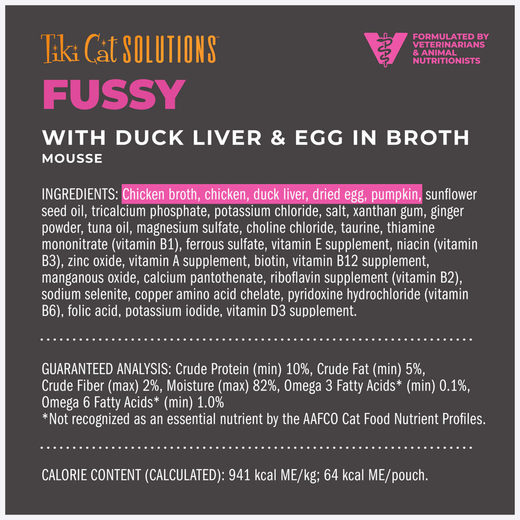 Tiki Cat Solutions Mousse Fussy Duck Liver & Egg in Broth Wet Cat Food (2.4 oz x 12 pouches)