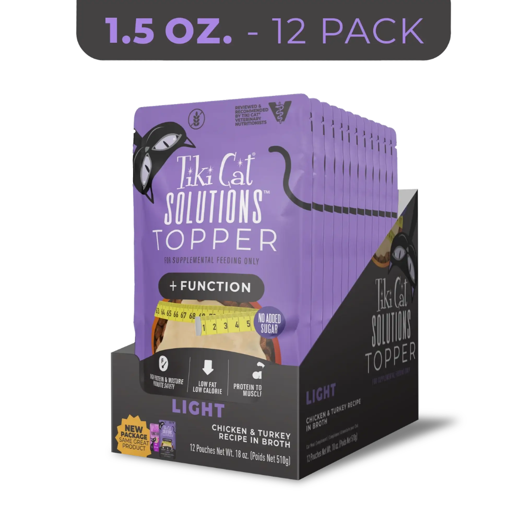 Tiki Cat Solutions Topper + Function Light Low Calorie Chicken & Turkey Recipe in Broth Food Topper for Cats (1.5 oz x 12 pouches)