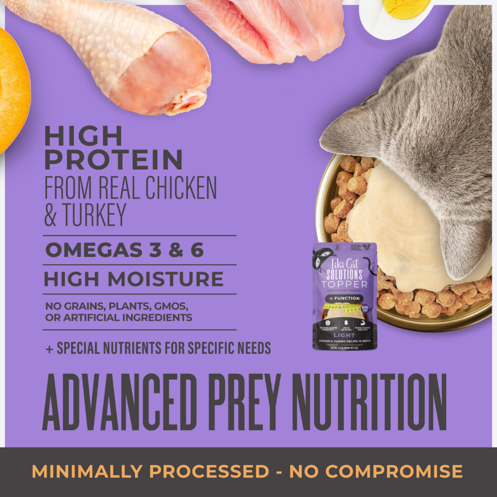 Tiki Cat Solutions Topper + Function Light Low Calorie Chicken & Turkey Recipe in Broth Food Topper for Cats (1.5 oz x 12 pouches)