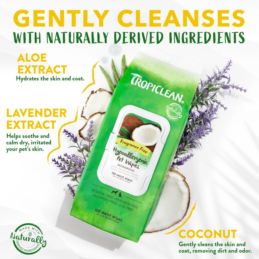 Tropiclean Hypoallergenic Deodorizing Wipes for Dogs & Cats (100 ct)