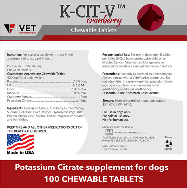V.E.T Pharmaceuticals K-CIT-V Plus Cranberry Chewable Tablets for Dogs, 100-count
