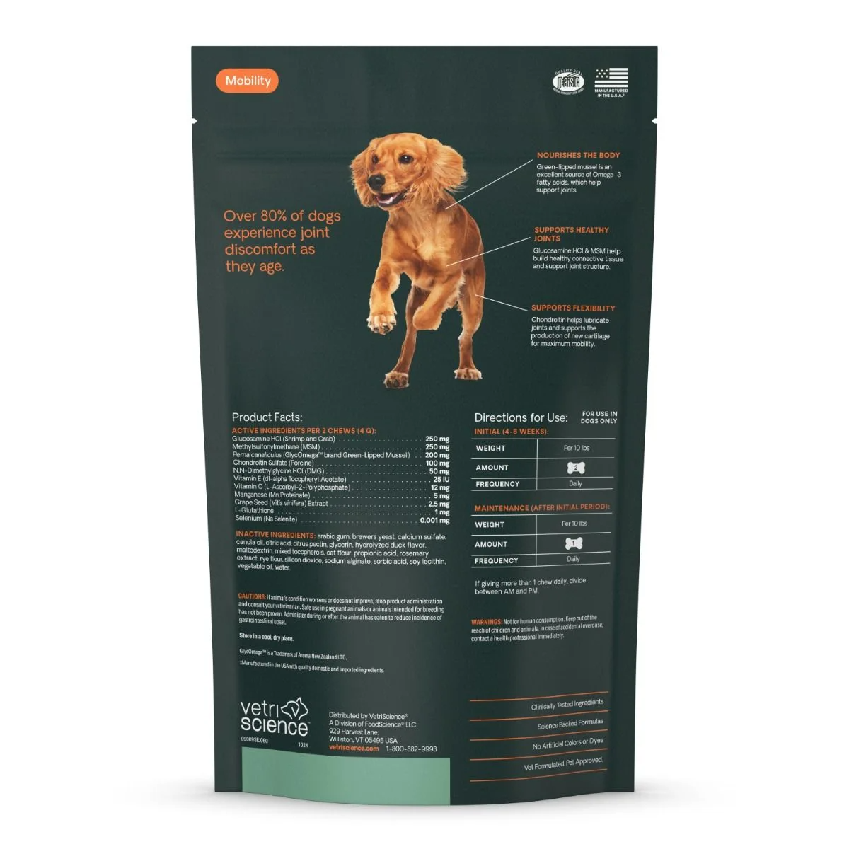 VetriScience Extra Strength Healthy Hip & Joint GlycoFlex Plus for Small Dogs, Duck Flavor (60 Chews)