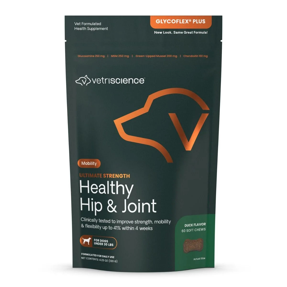 VetriScience Extra Strength Healthy Hip & Joint GlycoFlex Plus for Small Dogs, Duck Flavor (60 Chews)