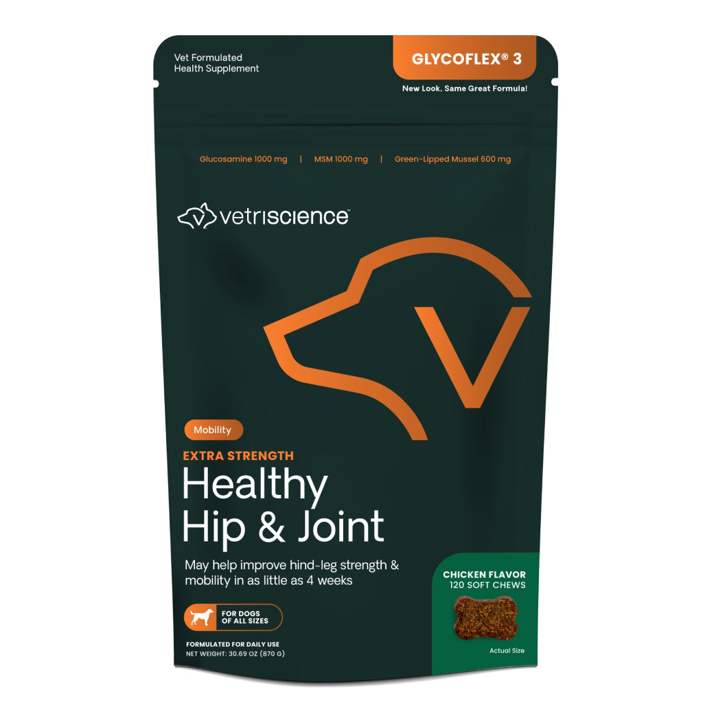 VetriScience GlycoFlex 3 Extra Strength Healthy Hip & Joint Chews for Dogs, Chicken Flavor (120 Soft Chews)