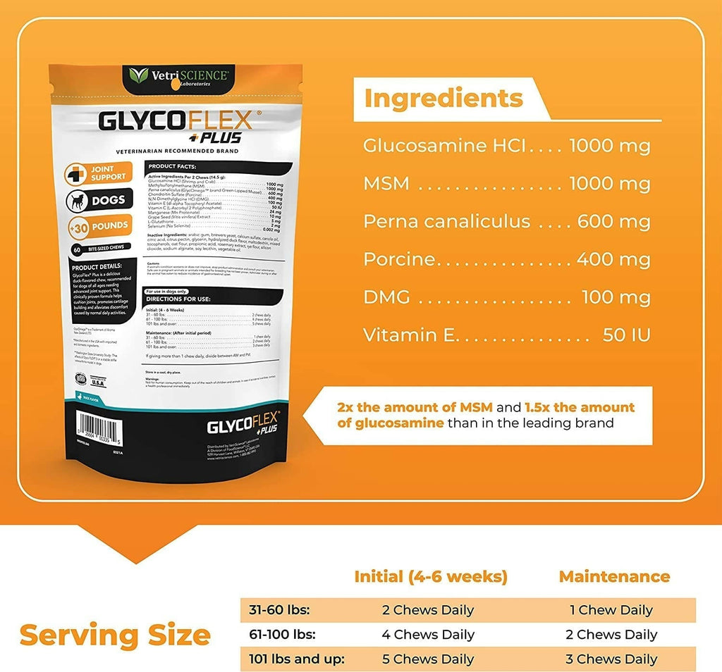 VetriScience Ultimate Strength Healthy Hip & Joint GlycoFlex Plus Soft Chews for Dogs, Duck Flavor