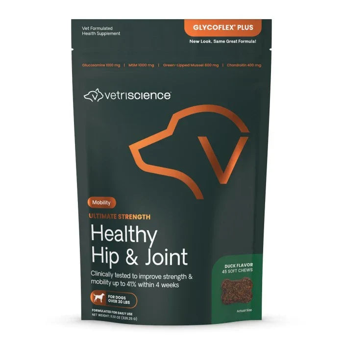 VetriScience Ultimate Strength Healthy Hip & Joint GlycoFlex Plus Soft Chews for Dogs, Duck Flavor