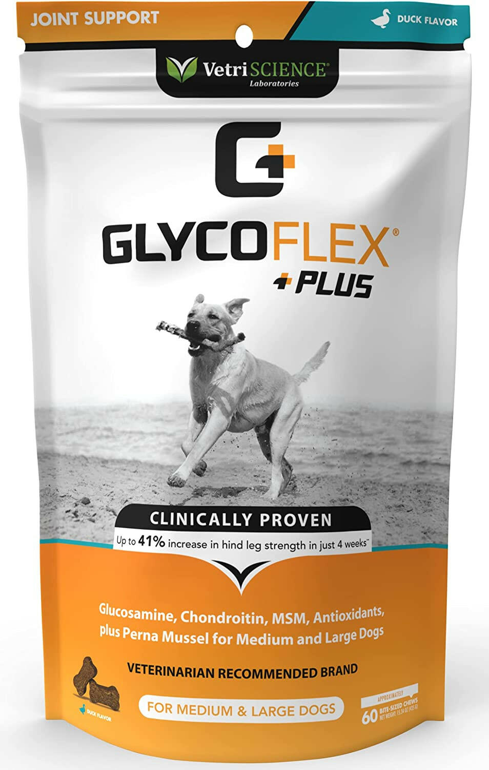 VetriScience Ultimate Strength Healthy Hip & Joint GlycoFlex Plus Soft Chews for Dogs, Duck Flavor