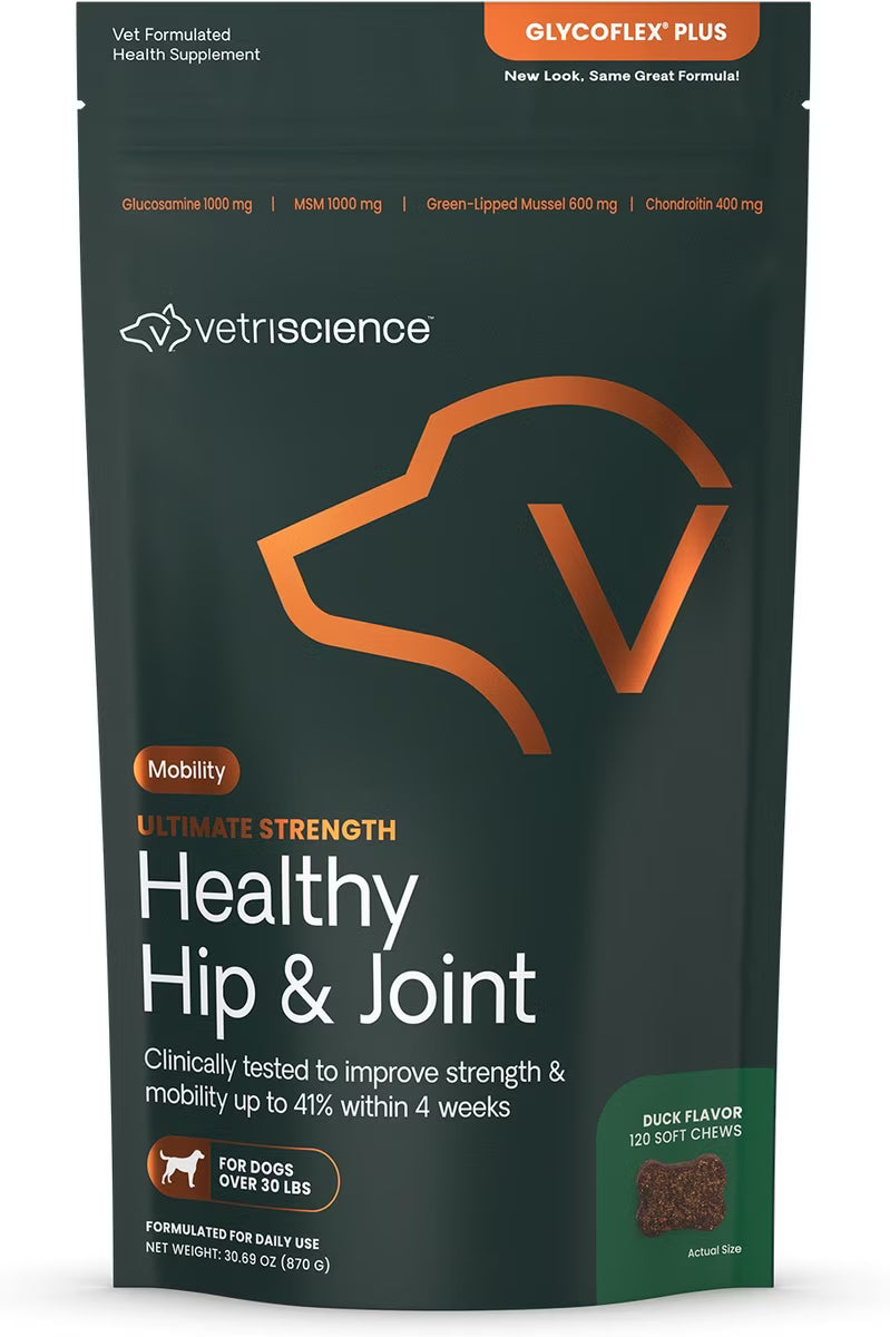 VetriScience Ultimate Strength Healthy Hip & Joint GlycoFlex Plus Soft Chews for Dogs, Duck Flavor